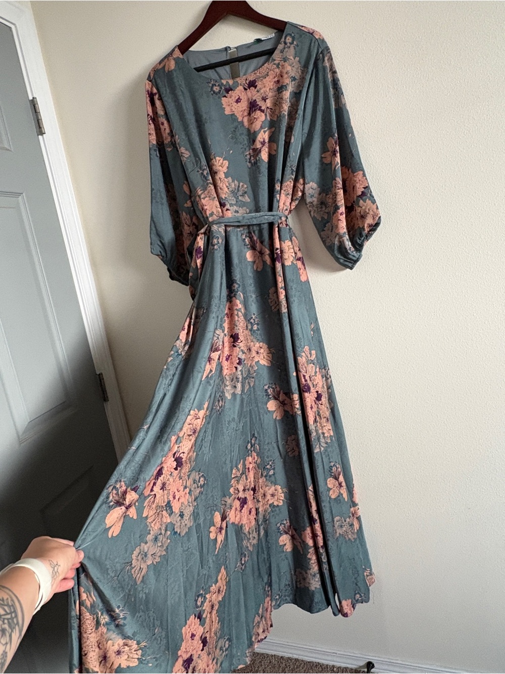Baltic Born Paula Satin Floral Maxi Dress in Sage Pink Floral Blue Pink Multi 1X - Picture 5 of 9